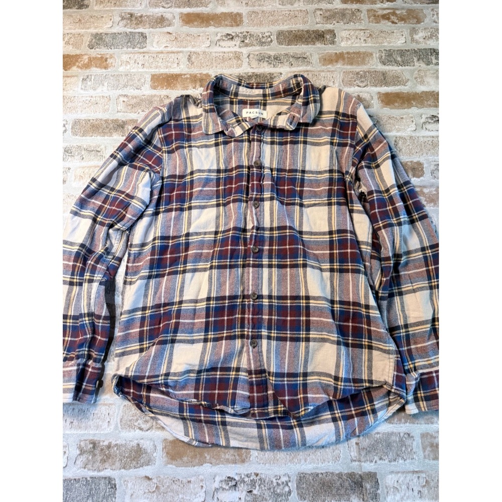 PacSun Mens Medium Plaid Flannel Button Down Shirt Blue Burgundy Cream Cotton